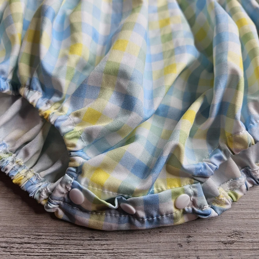 Baby Bubble 6-12 Months Green Yellow Plaid Peter Pan Collar Smocked Easter Bunny - Picture 2 of 7